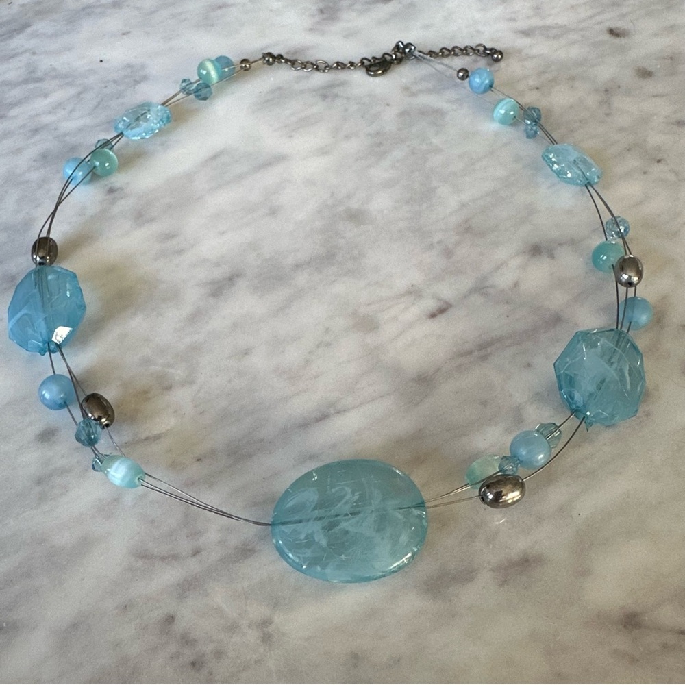 Light Blue Beaded Wire Choker Necklace - Women Jewelry
